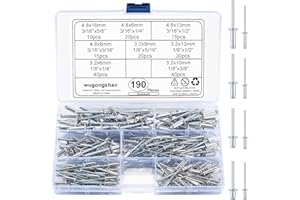 WUGONGSHAN 190 Pcs Pop Rivets Assortment Kit, 8 Sizes, 1/8 * 1/4", 1/8 * 5/16", 1/8 * 3/8", 1/8 * 1/2", 3/16 * 1/4", 3/16 * 5/16", 3/16 * 1/2", 3/16 * 5/8", with Divider Labeled Case