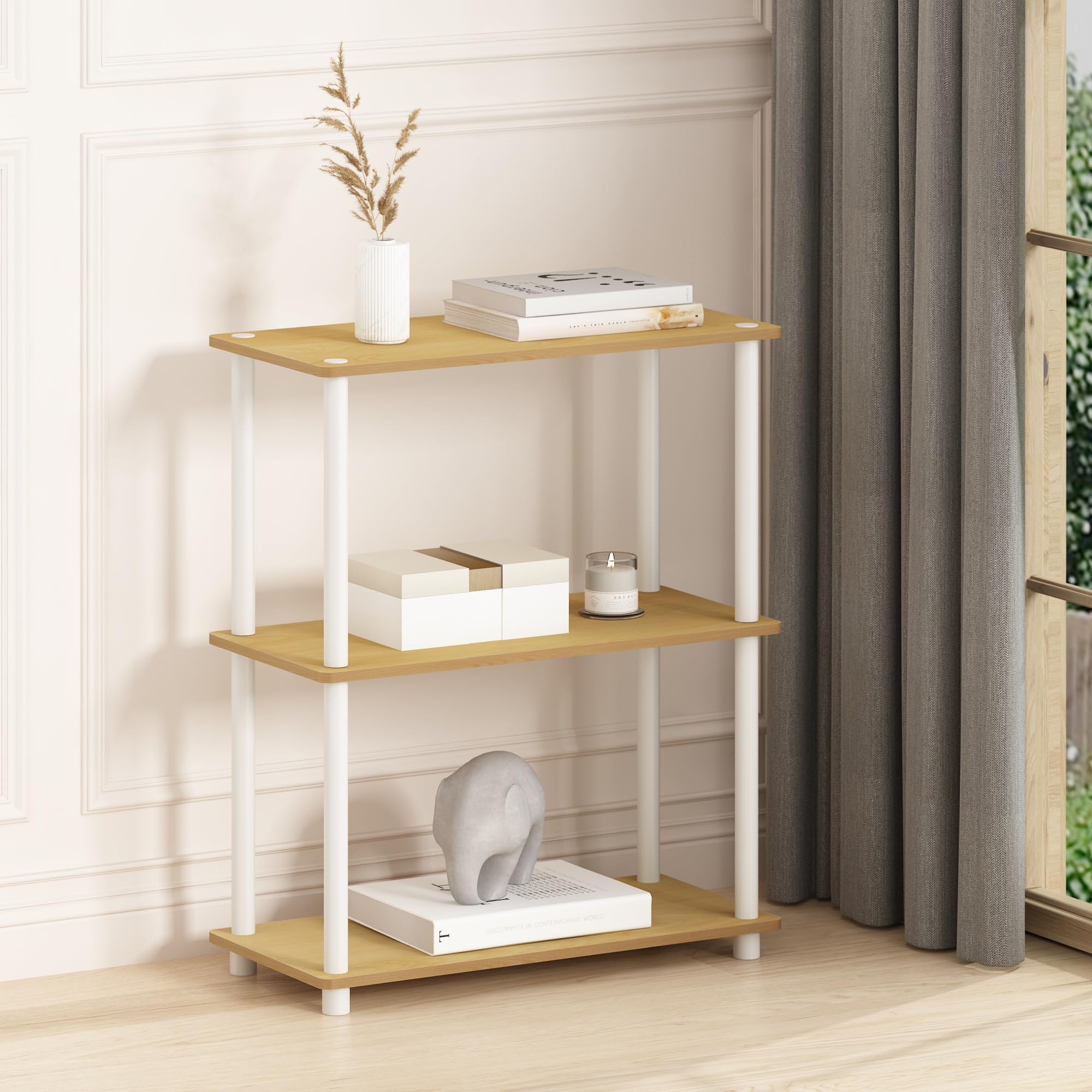 Furinno Turn-N-Tube Storage Shelves, 3-Tier Book Shelf, Corner Shelf, Toolless Open Shelves, for Organization and Storage, Living Room, Bedroom, Entryway, Laundry, Light Beech