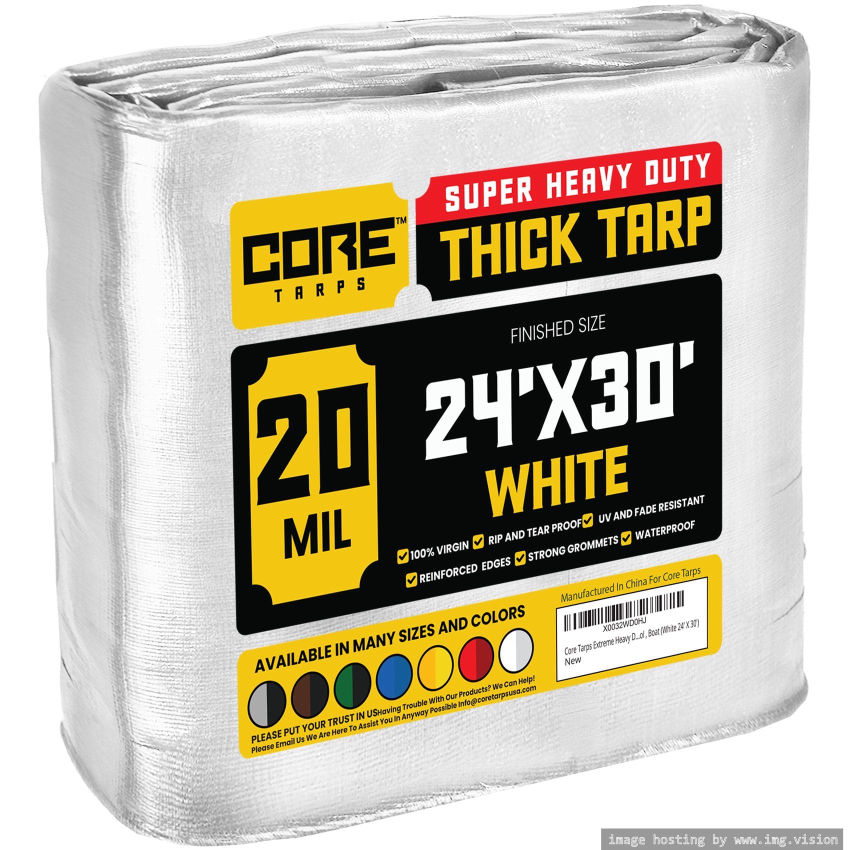 Core Tarps Extreme Heavy Duty 20 Mil Tarp Cover, Waterproof, UV Resistant, Rip and Tear Proof, Poly Tarpaulin with Reinforced Edges for Roof, Camping, Patio, Pool, Boat (White 24′ X 30′) Image