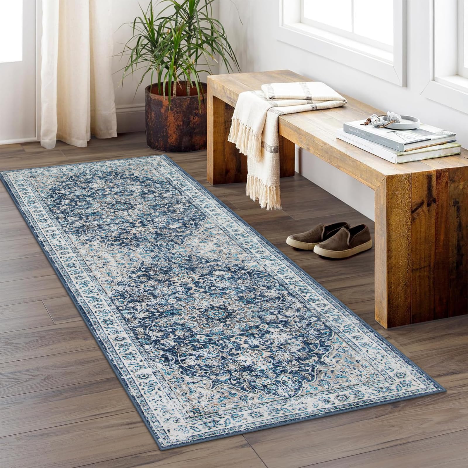 Photo 1 of Beeiva Vintage Entryway Runner Rug Indoor, 2x4 Washable Kitchen Runner with Non Slip Backing, Boho Hallway Rug for Bathroom, Bedside, Kitchen - Blue