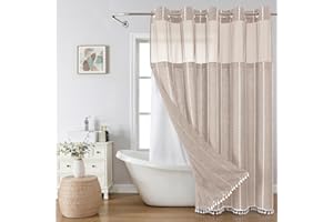 eachope Boho Farmhouse No Hook Shower Curtain Set with Snap-in Fabric Liner,Heavy-Duty Linen Textured Rustic Striped Design,Water-Repellent with Tassels and Sheer Window,Tan/Taupe,71x74