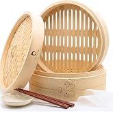 HAPPI STUDIO Bamboo Steamer Basket 12-Inch, 2-Tier Dumpling Steamer Cooking | Incl. Silicone Liners, Sauce Dish, Chopsticks - Large Steam Baskets - Food, Dim Sum, Bao Bun, Momo, Rice, Vegetables