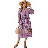 R.Vivimos Women's Long Sleeve Floral Print Retro V Neck Tassel Bohemian Midi Dresses