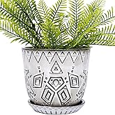VanEnjoy 5.9 inch Round Bohemian Style Ceramic Planter, Geometry Engrave Off White Brown Succulent Planter Flower Pot, Indoor Outdoor Decorative Planter