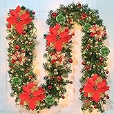 Christmas Garland, 9FT/2.7M Xmas Garland with Lights for Front Door, Christmas Tree Decorations, Mantle, Home, Stairs, Fireplace, Porch, Holiday Indoor Outdoor Decor (Red)
