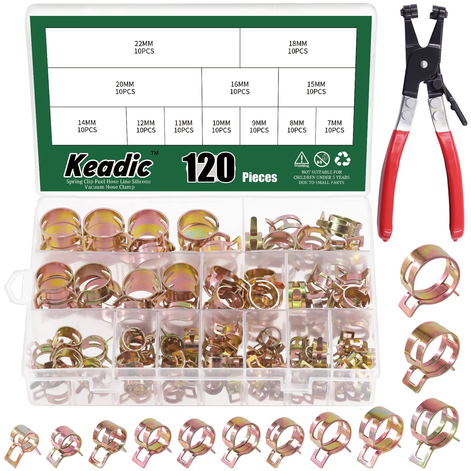 Keadic 121 Pcs 12 Sizes [6-22mm] Spring Hose Clamp Assortment Set with Swivel Flat Band Pliers for Fuel, Silicone, Vacuum, and Air Tube Clips Fasteners (Zinc Plated)