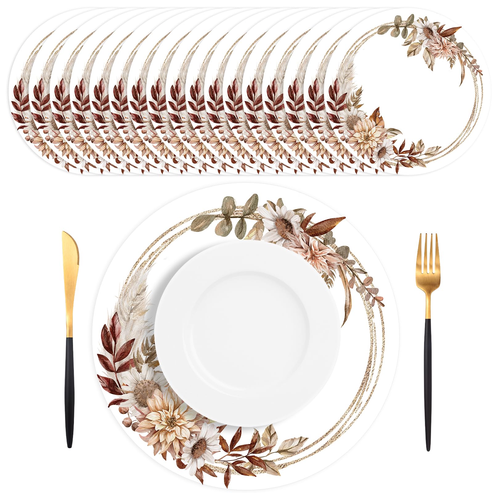 Photo 1 of SMUAENSS 50 PCS Fall Flower Paper Placemats Disposable,13.5 Inch Boho Vintage Wildflower Sunflower Harvest Round Table Mats Decor for Wedding Birthday Home Party Supplies