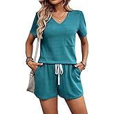 BARASA Womens Sets Waffle Knit 2 Piece Short Lounge Set Cute Short Sleeve Top Shorts Outfits Set With Pockets D692