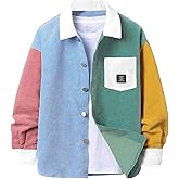 SHENHE Men's Colorblock Button Down Shirt Jacket Collared Loose Corduroy Shacket Jacket Streetwear