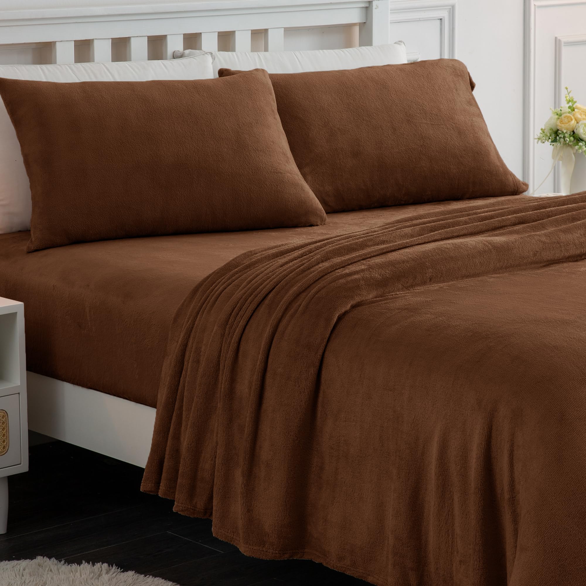 Softan Fleece Sheets Full Size, Flannel Like Soft, Fuzzy Warm Plush Sheets, Velvet Polar Microfleece Bedding for Winter, Chocolate Brown Image