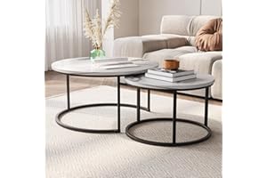 Semiocthome Round Nesting Coffee Table, 31.5" White Modern Accent Wood Coffee Tables Set of 2, Faux Marble Coffee Table for Living Room Small Space, End Side Nesting Tables with Sturdy Metal Frame