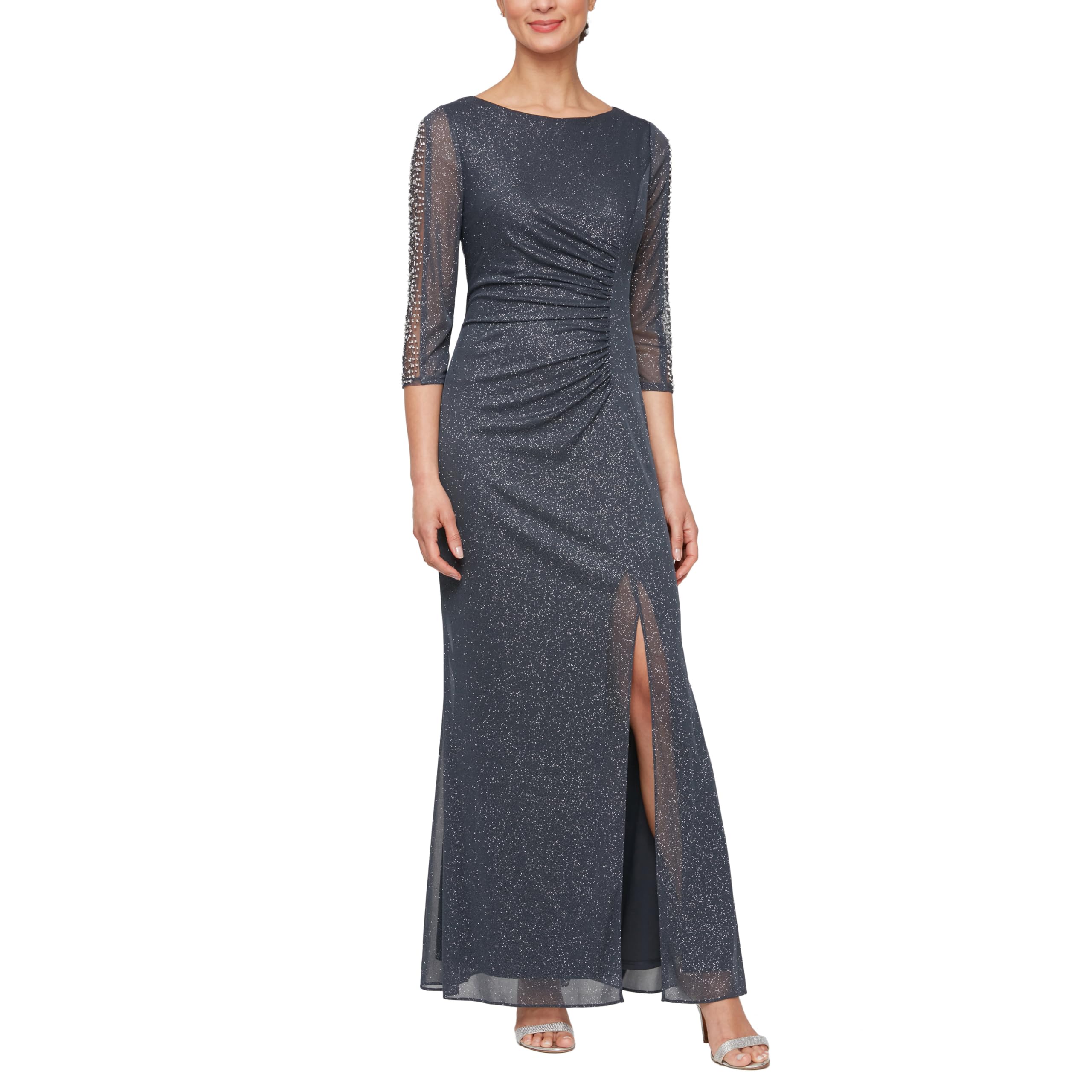 S.L. Fashions Women’s Long Length Ruched Waist Formal Evening Dress with Beaded Illusion Sleeves (Petite and Regular Sizes), Smoke, 16