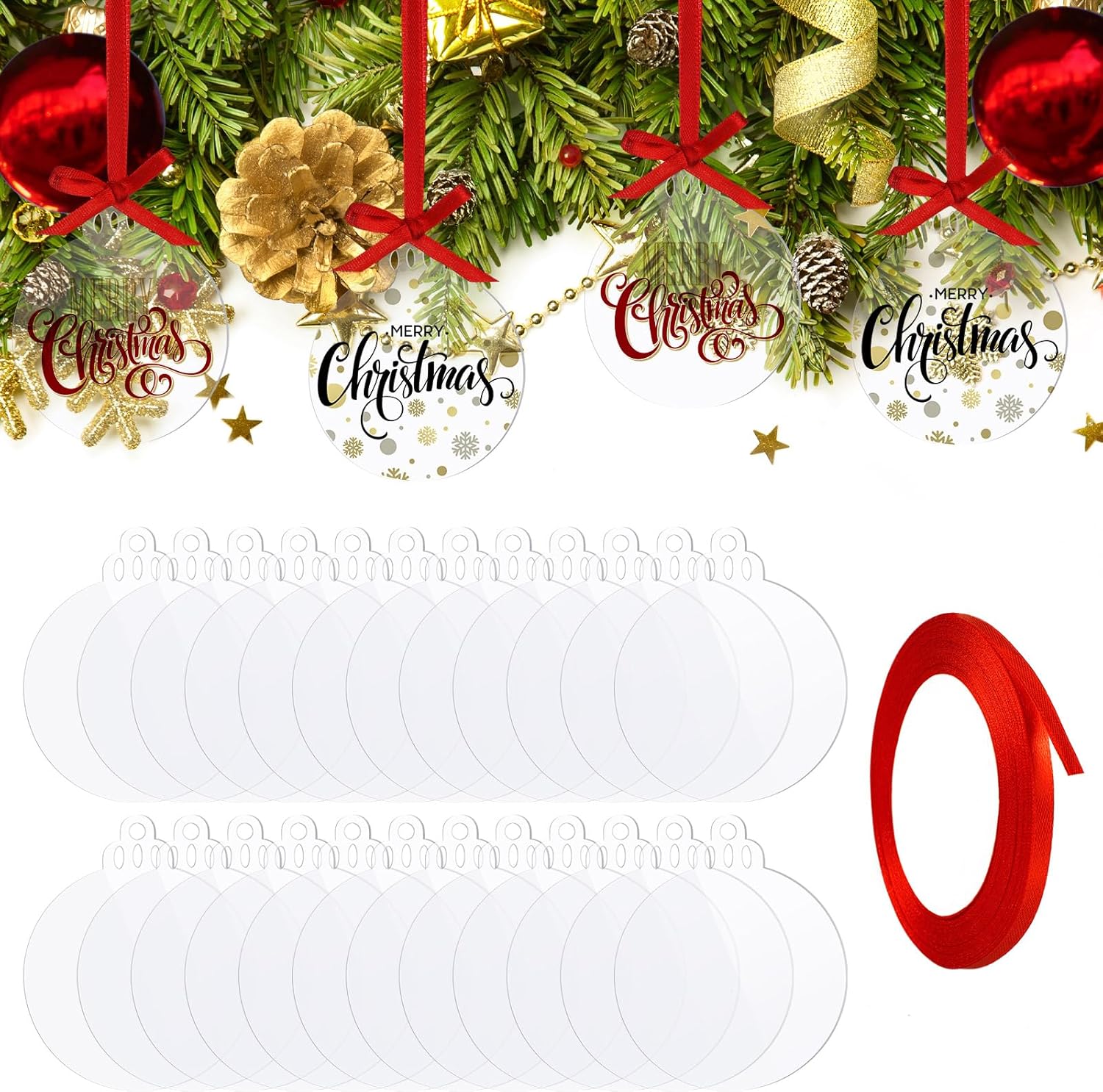 Ornaments - Clear Round Acrylic Christmas Ornaments Clear Blank Acrylic Disc Circle Red Ribbon with Hole DIY Crafts Acrylic Ornament for Xmas Tree Party Painting Hanging Decoration Supplies(3 Inch, 25 Pieces)