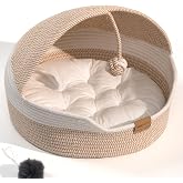 CHEERPALS Cat Basket Bed with Washable Cushion and Ball Rope Cotton, Covered Pet Bed for Indoor Cats Cave Bed Hooded, Stimulicat Cat Bed Handwoven Breathable, All Season Universal(White)