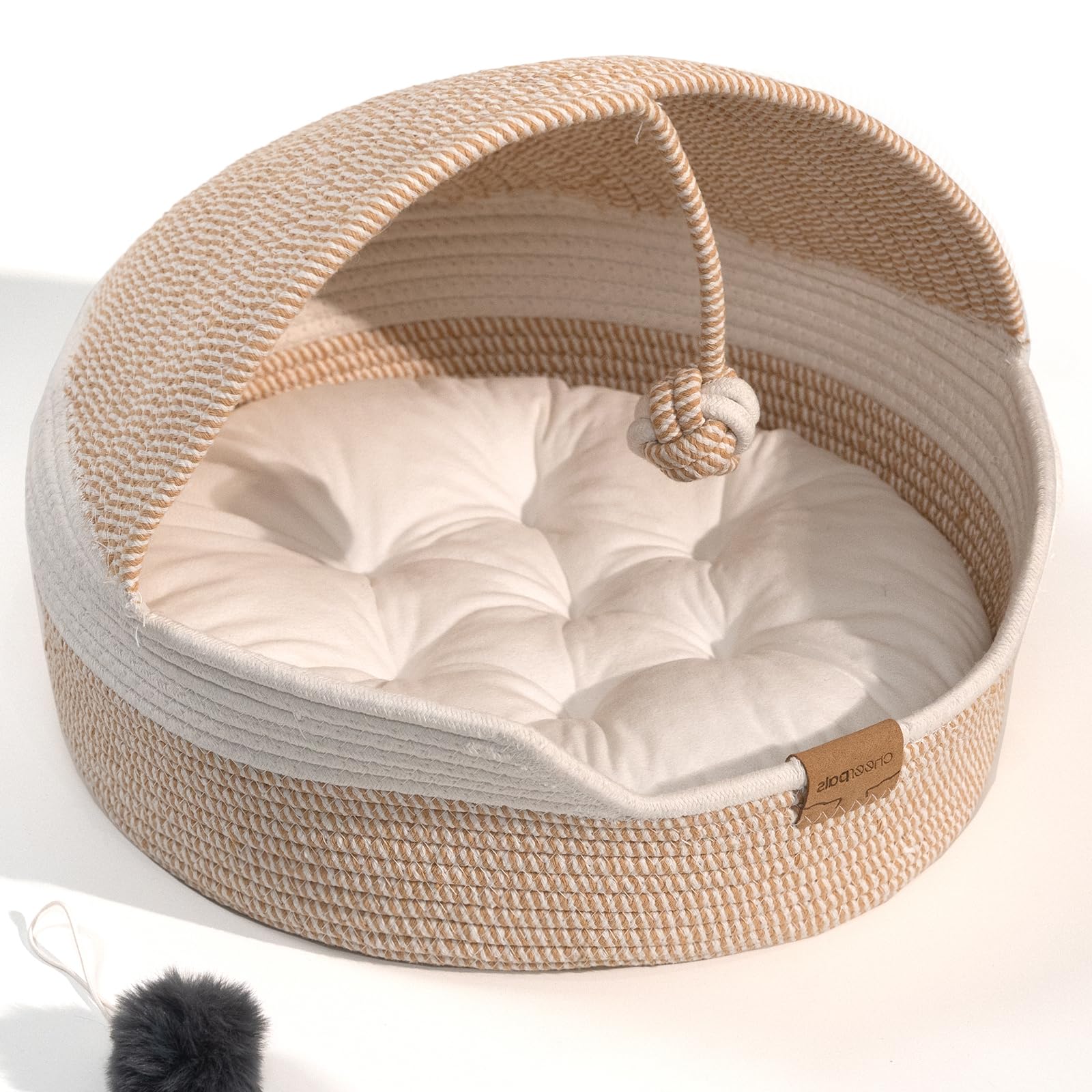 Photo 1 of CHEERPALS Cat Basket Bed for Indoor Cats, Covered Pet Bed with Washable Cushion and Ball Rope Cotton Bed for Medium and Large Cat, All Season Universal(White)