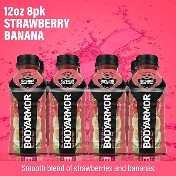BODYARMOR SPORTS DRINK, STRAWBERRY BANANA, ELECTROLYTE DRINK HYDRATION, 12 FL OZ BOTTLES (8 PACK), FLAVORED COCONUT WATER WITH B VITAMINS & ANTIOXIDANTS