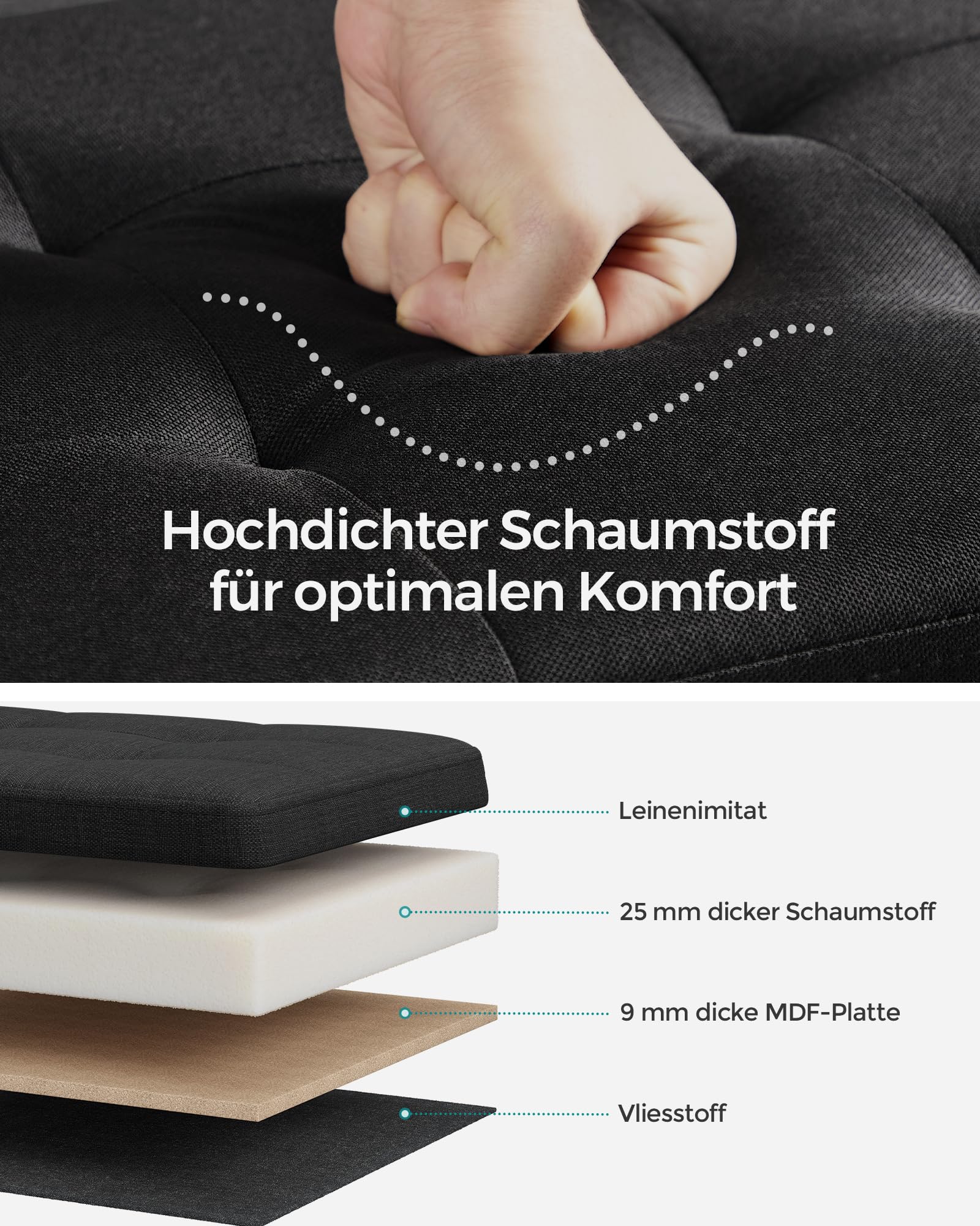 SONGMICS Sitzhocker mit Stauraum, klappbare Sitzbank, 38 x 76 x 38 cm Fußbank, Aufbewahrungsbox, bis 300 kg belastbar, für Wohnzimmer Schlafzimmer Flur, tintenschwarz LSF047B01 4