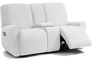 ULTICOR Jacquard Design Reclining Loveseat with Middle Console Slipcover, 8-Piece Stretch Sofa Covers, 2 seat Loveseat Recliner Cover, Washable (Ivory, Loveseat with Console Recliner Cover)