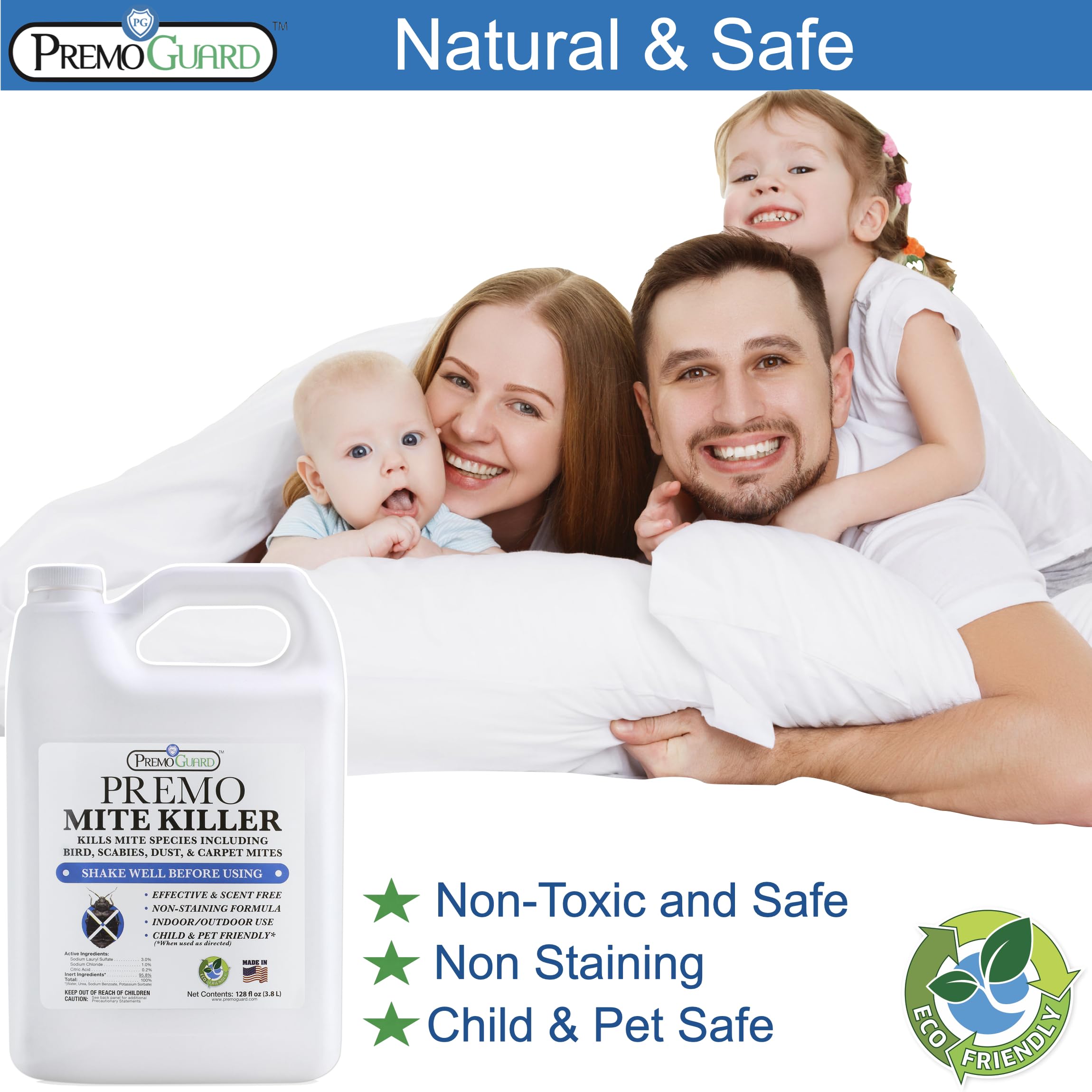 Premo Guard Mite Treatment Spray – 128 oz – Kills Dust, Human, Scabies, Spider, Carpet, Bird, Mouse & Rat Mites in Home, on Furniture, Bedding – Natural Non-Toxic 100% Effective – Child & Pet Safe