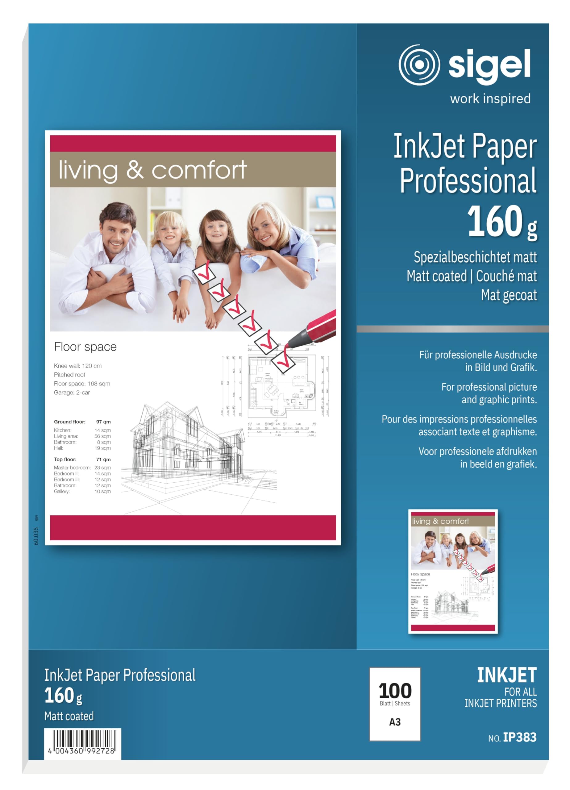 SIGEL IP383 InkJet Paper, coated, White, 160 gsm, A3, 100 sheets