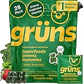 Gruns Adult Sugar-Free Super Greens Gummies, Superfood Vitamin Gummy Bears with Spirulina, Chlorella, Fiber & Prebiotics for Digestive Health, Adaptogens Supplement, 20 Vitamins & Minerals, 28 packets