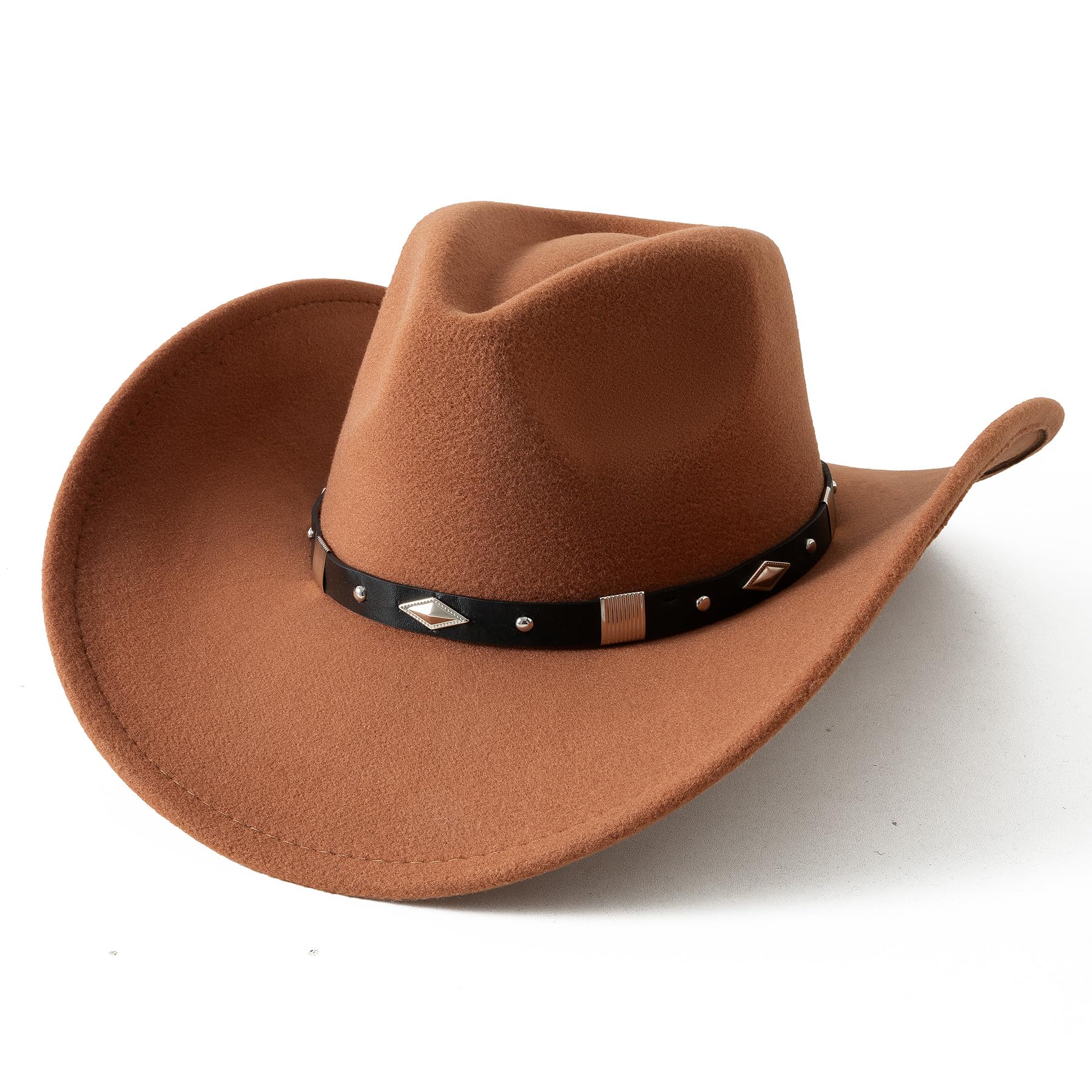 Photo 1 of Lanzom Women Men Classic Felt Wide Brim Western Cowboy Cowgirl Hat with Belt Buckle (Khaki, Large)