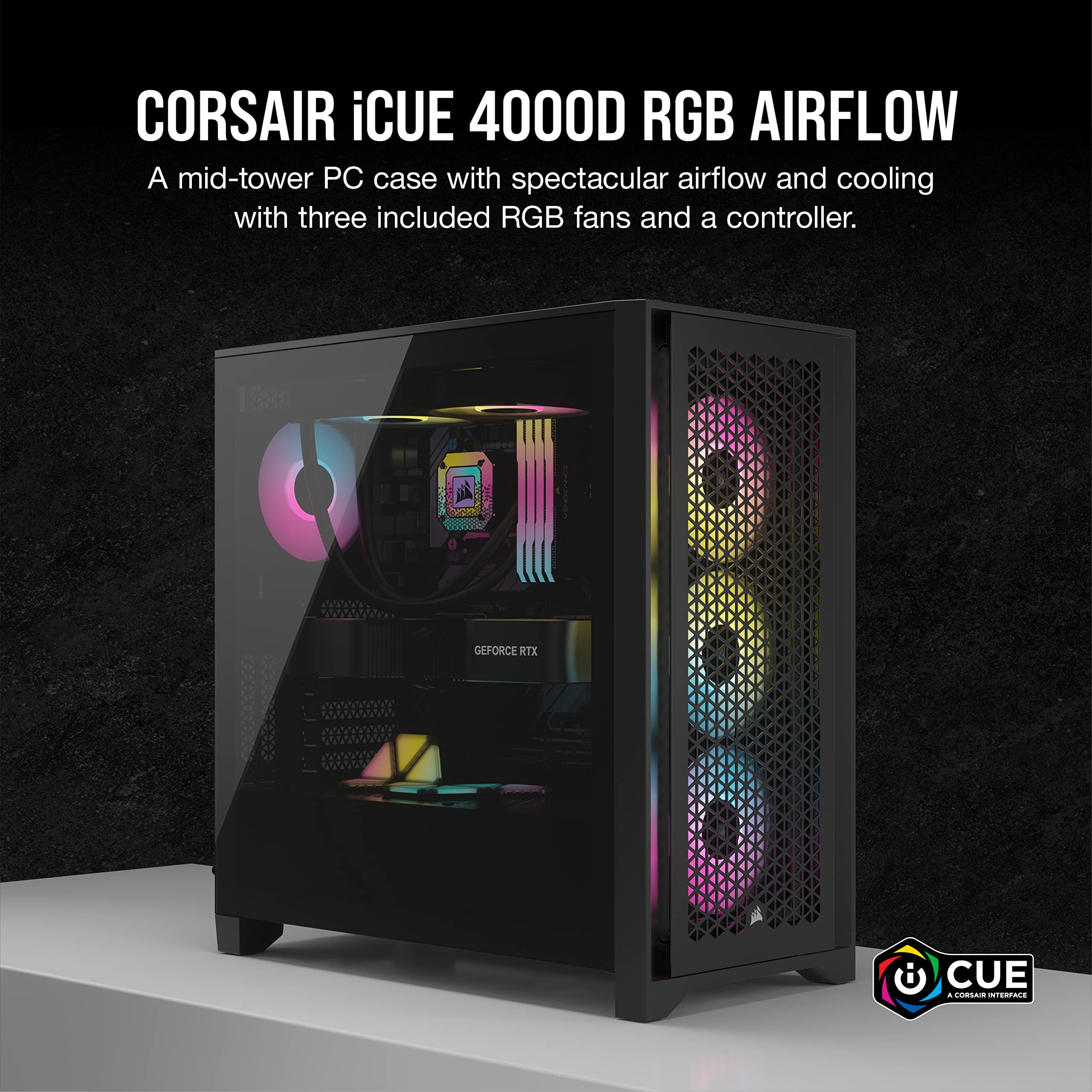 Corsair iCUE 4000D RGB Mid-Tower Case - 3X AF120 RGB Elite Fans - Lighting Node PRO Controller - High-Airflow Design - RapidRoute Cable Management System - Black
