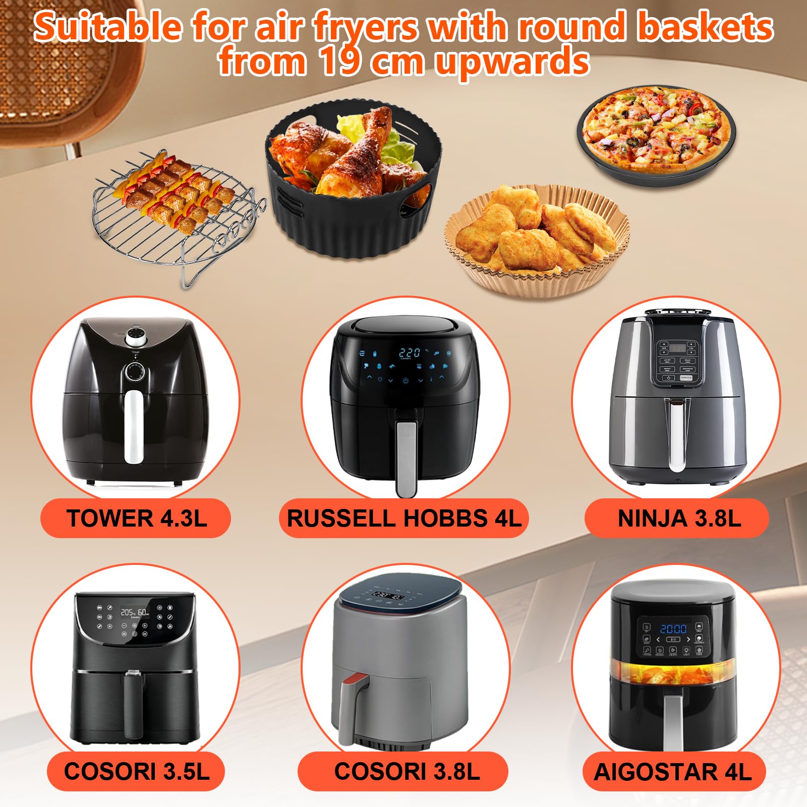 4PCS 19CM Heißluftfritteuse Zubehör - Airfryer Zubehör für Russell Hobbs 4L, Philips 2000-Serie 4,2L (NA229/00), Ninja 5,2L AF160EU, COSORI 3.8L, Grillrost Pizzapfanne Backpapier Silikonform 2