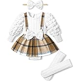 Queenstyle Baby Girl Clothes Dress Fall Winter Outfits Set Puff Sleeve Plaid Romper with Headband Stockings
