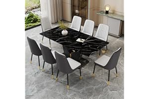 JUFU 71 in Modern Dining Table Set for 8,Black Rectangular Marble Kitchen Table Set,Dining Table and 8 PU Leather Chairs with Golden Legs Ideal for Dining Room, Kitchen