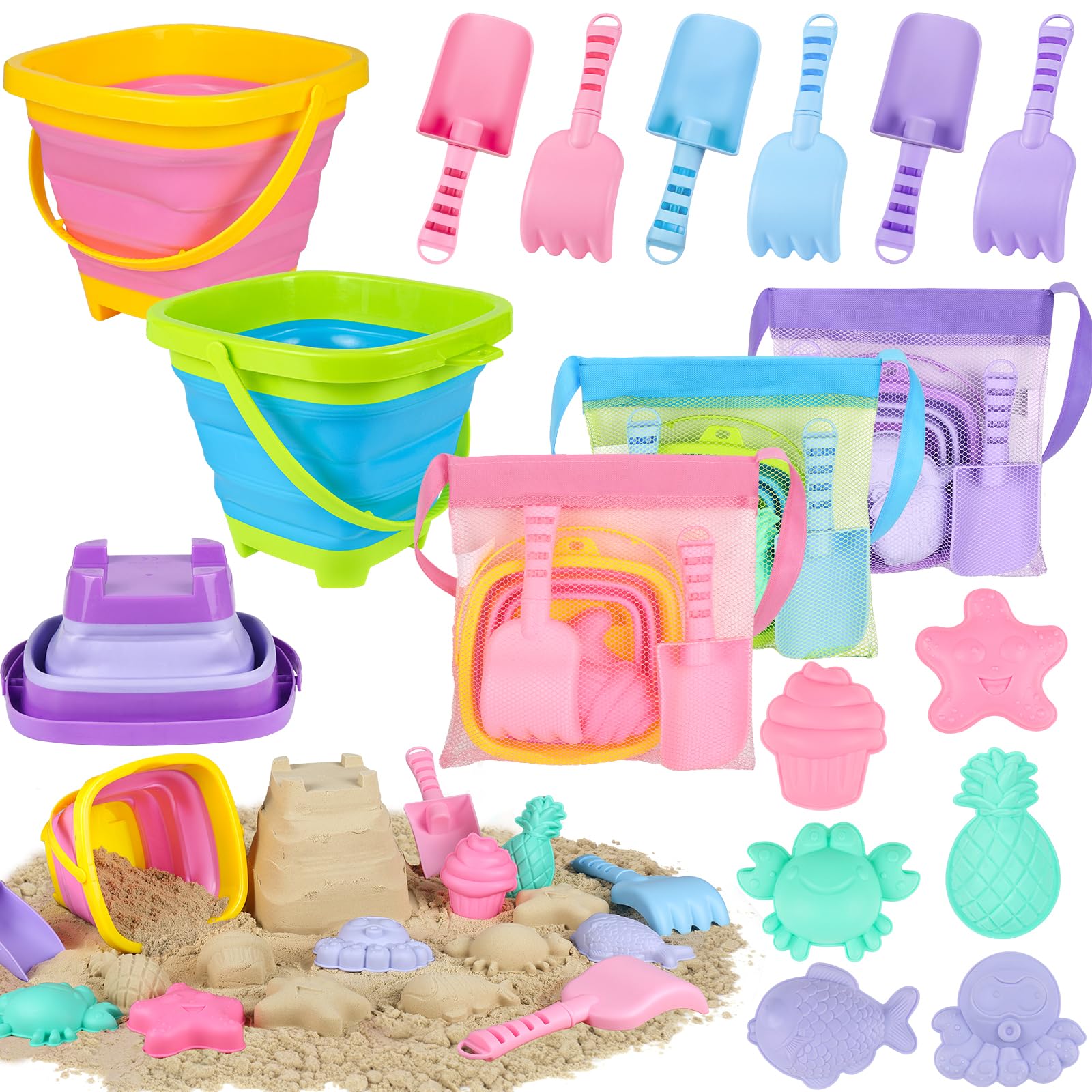 Collapsible Beach Toys for Kids, 3 Pack Foldable Sand Buckets and Shovels Set with Mesh Bag, Silicone Pails Shovels Molds, Sandbox Travel Sand Toys for Beach Essentials for Toddlers Kids Age 3-10