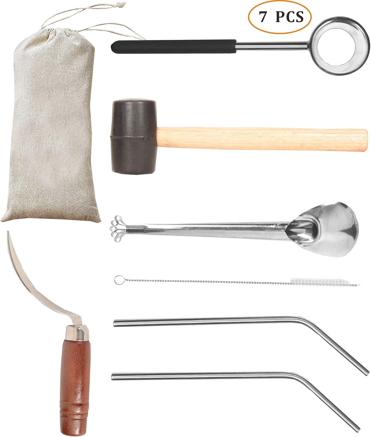 Coconut Opener| Coconut Opener Kit with Hammer Stainless Steel Opening Utensil Premium Wooden Handle| Coconut spoon| Drinking Straws| Straw Cleaner| Opener Tool Set with a Carry Bag (7pcs)