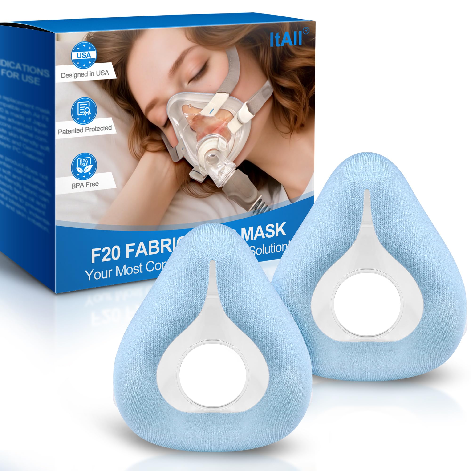 Photo 1 of 2PCs Replacement F20-Style Fabric Mask (Large) - No Silicone Contact, CPAP Full Face Cushion Wrapped by Cooling Fabric for Airfit F20 & Airtouch F20, No Stuffiness Even in Hot Weather (Blue-L)