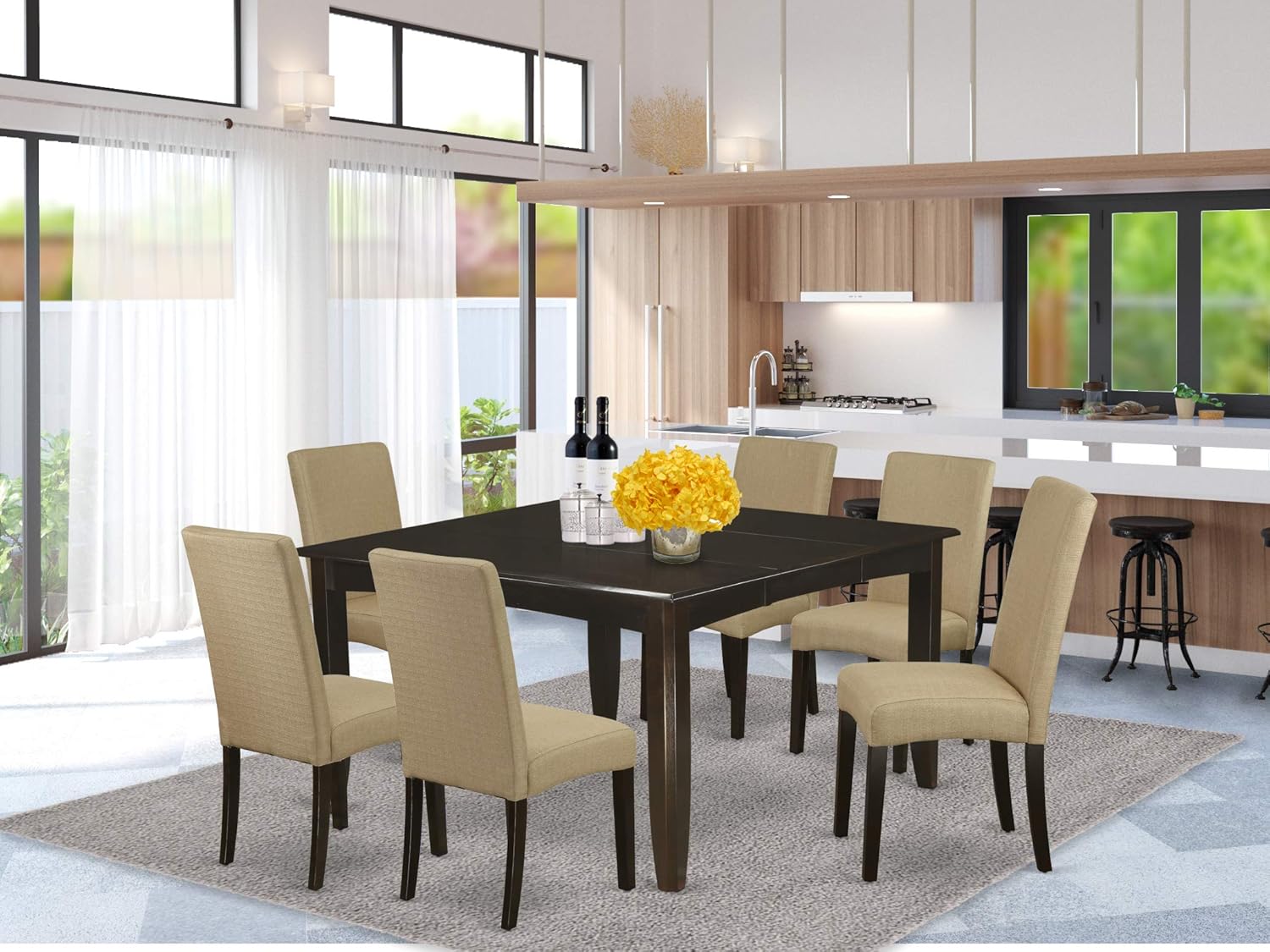 Amazon Com 7pc Square 36 54 Kitchen Table With 18 In Leaf And 6 Parson Chair With Cappuccino Finish Leg And Linen Fabric Brown Color Furniture Decor