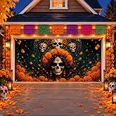 HOMETITUTE Catrina Marigold Dia de Los Muertos Garage Door Cover 13x6 Ft | Polyester, dia de Muertos decor, holiday yard backdrop, garage door cover, exterior decor for lawn, community gathering