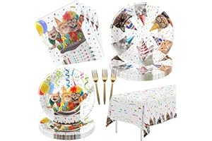 APOWBLS Cat Birthday Party Supplies - Cat Party Decorations Dinnerware, Plates, Cups, Napkins, Tablecloth, Fork, Kitten Birthday Party Supplies, Cat Birthday Table Decorations Tableware | Serve 24