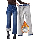 Yehopere Women's Fleece Lined Jeans High Waisted Wide Leg Jeans Winter Flannel Fleece Lined Jean