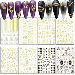 Gold Nail Art Stickers, Wave Line Chains Flame