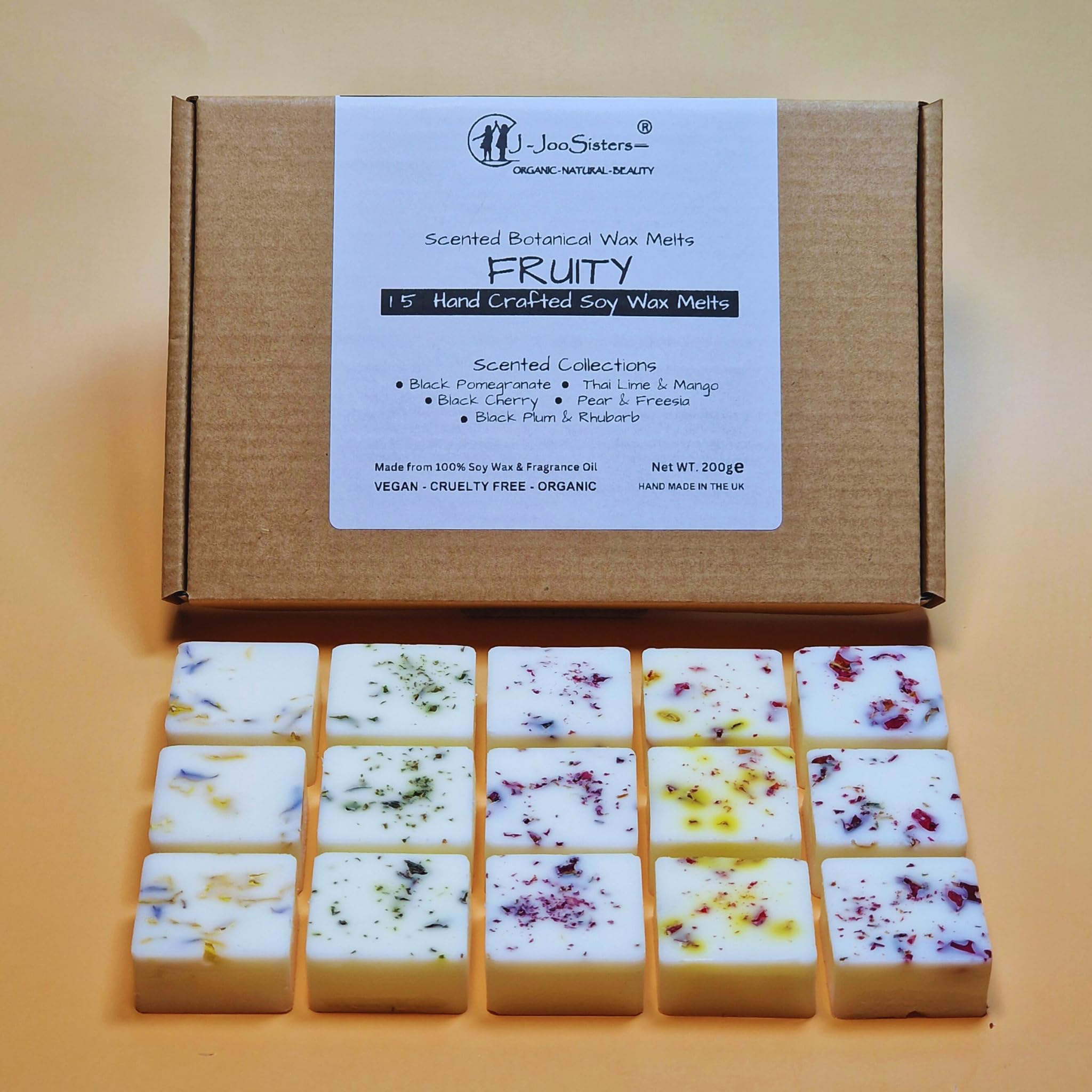 Fruity Collections - Highly Scented Botanical Wax Melts Collections (15 x 13.5g Hand Crafted) - Vegan Friendly & Cruelty Free - Plastic Free - Provide 8 to 10hrs scents/cube - Made in the UK (Fruity)