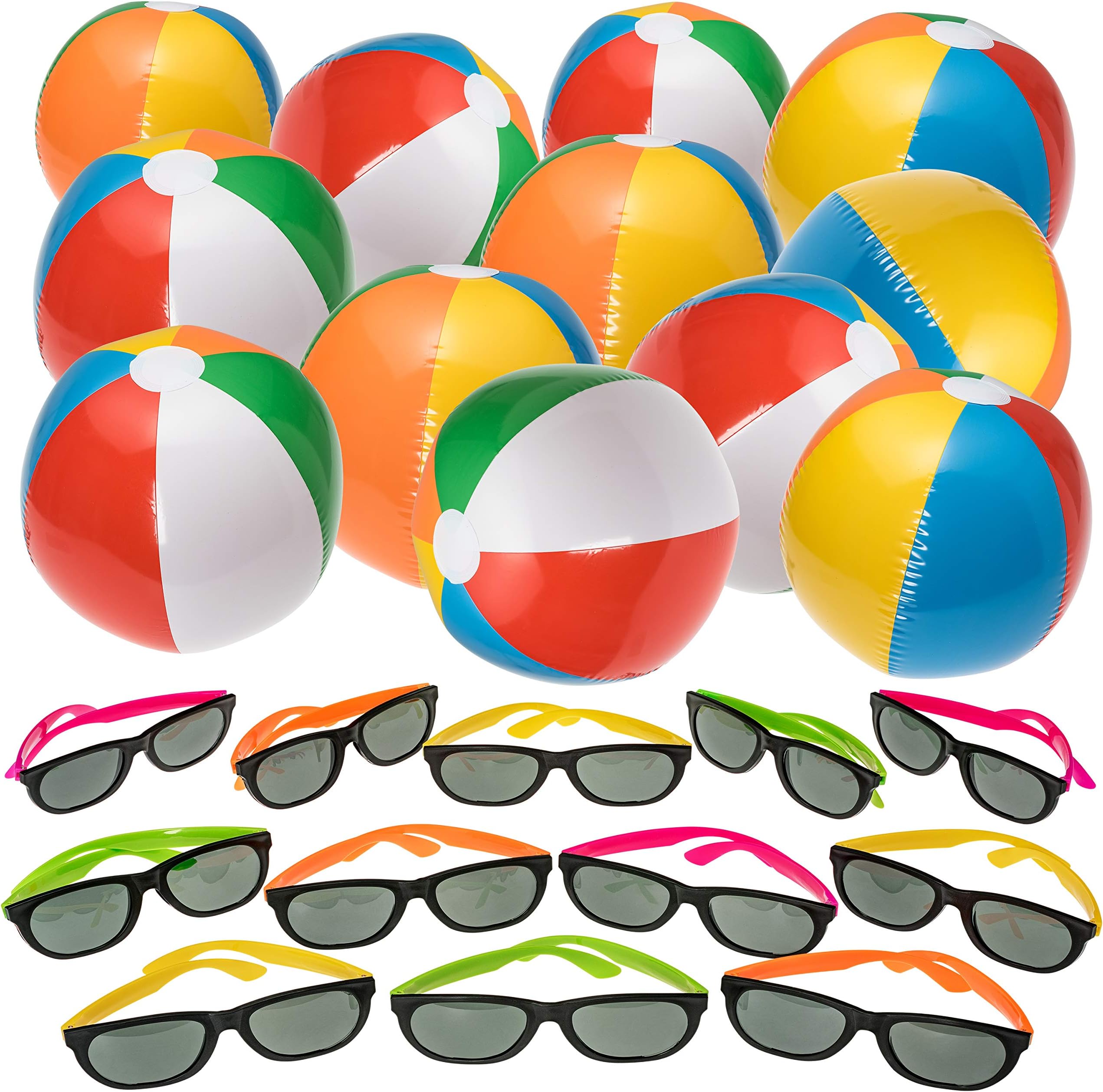 NJ Novelty Beach and Pool Party Favors - Inflatable Beach Balls and Neon Sunglasses Summer Party Set 24 Pieces Total, Rainbow Color