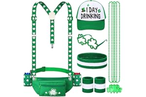Yuxung 12 Pcs St. Patrick's Day Accessories Set Include Shamrocks Belt Fanny Pack Suspenders Shamrock Trucker Hat Shamrock Glasses Necklaces Headband Wristband for St. Patrick's Day Parade Supply