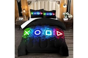 kodhyvj Gamer Comforter Sets for Boys, Video Gaming Comforter Set Full Size, Cool Black Gamer Gamepad Bedding Sets for Boys Kids Playroom Decor, 1 Comforter and 2 Pillowcases