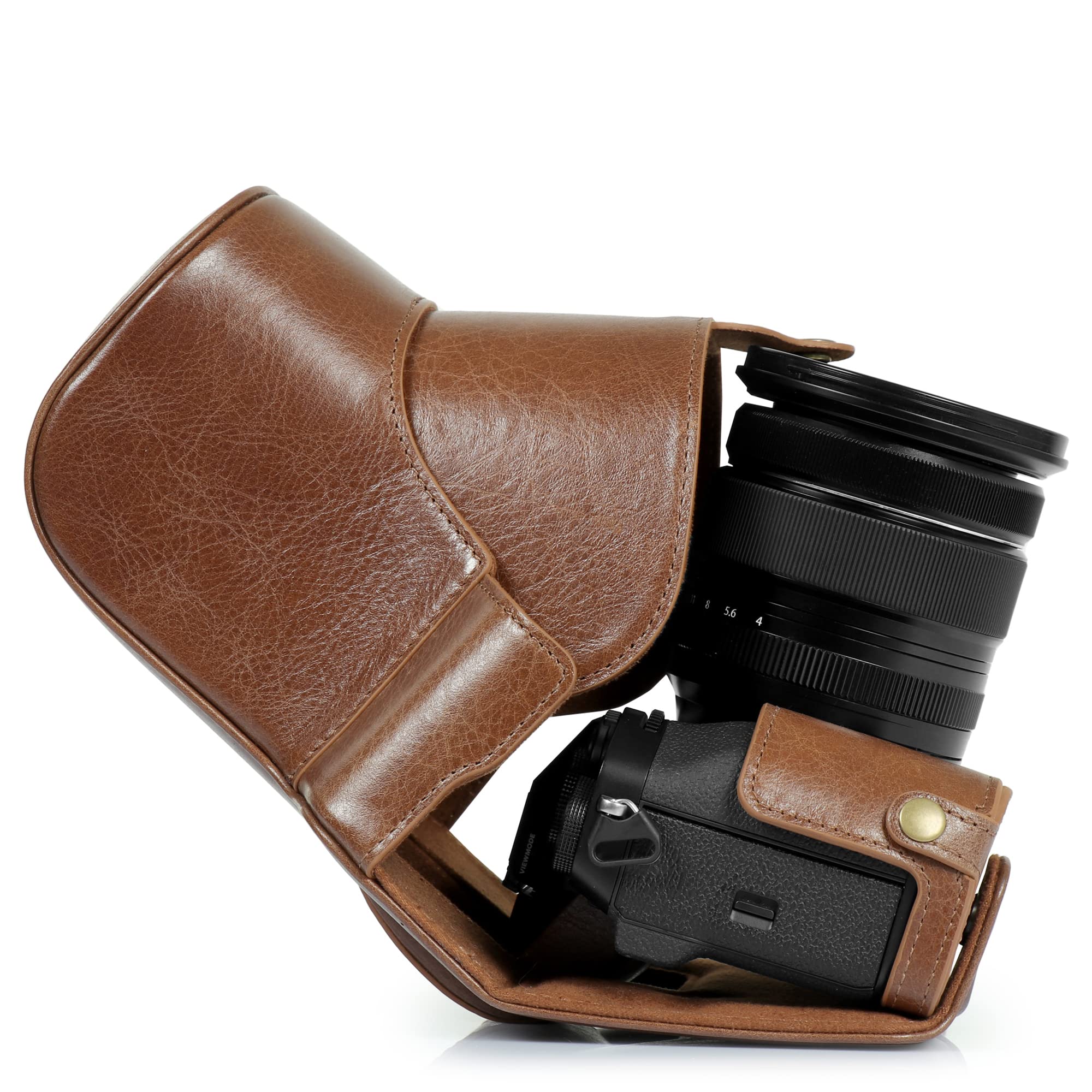MegaGear Ever Ready Genuine Leather Camera Case Compatible with Fujifilm X-T5 (16-80mm)(Brown)