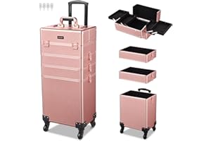 BYOOTIQUE Rolling Makeup Train Case 4in1 Cosmetic Trolley Organizer Travel Case Lockable Salon Barber Case Traveling Cart Trunk with Detachable Removable Wheels for Makeup Artist Trave Nail, Rose Gold