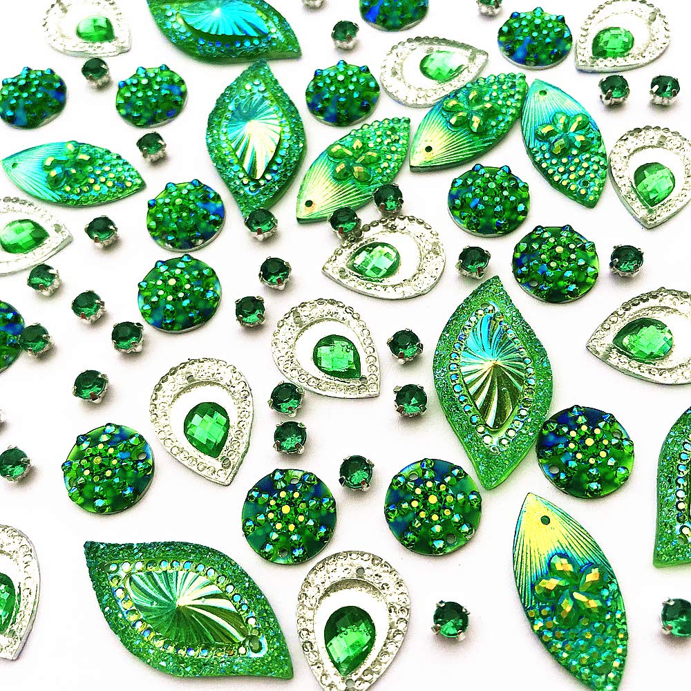 Photo 1 of 180PCS Mixed Shapes Stunning Green Gems Sew On Rhinestones Faceted Flatback Crystal Jewelry for DIY Crafts Decoration