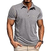 Mens Casual Polo Shirts Athletic Short Sleeve Classic Button Tees Slim Fit Shirt with Pocket