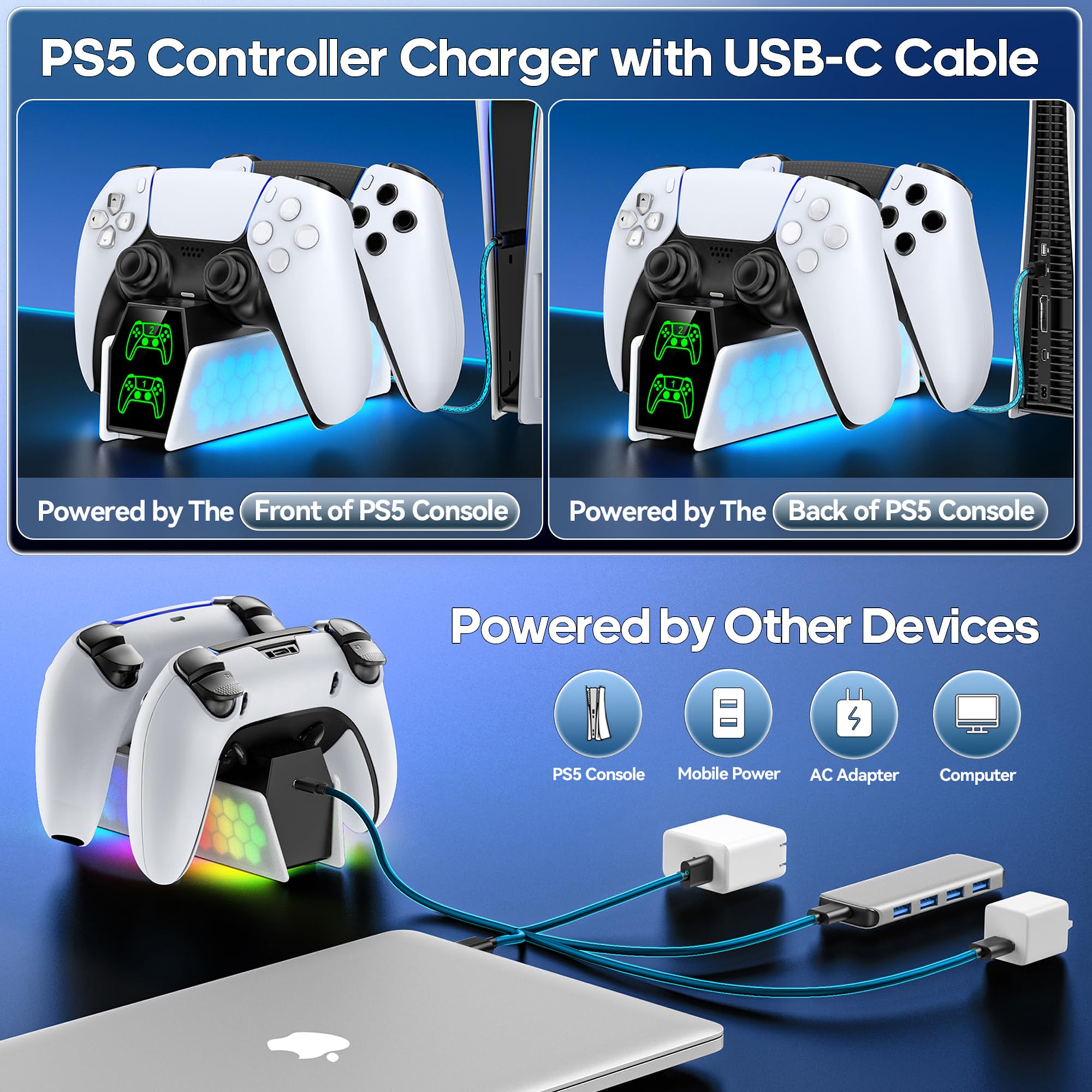 RGB PS5 Controller Ladestation für Dualsense Controller, Ladestation für PlayStation 5 Controller Zubehörset mit 2Std Schnelllade, PS5 Zubehör 4