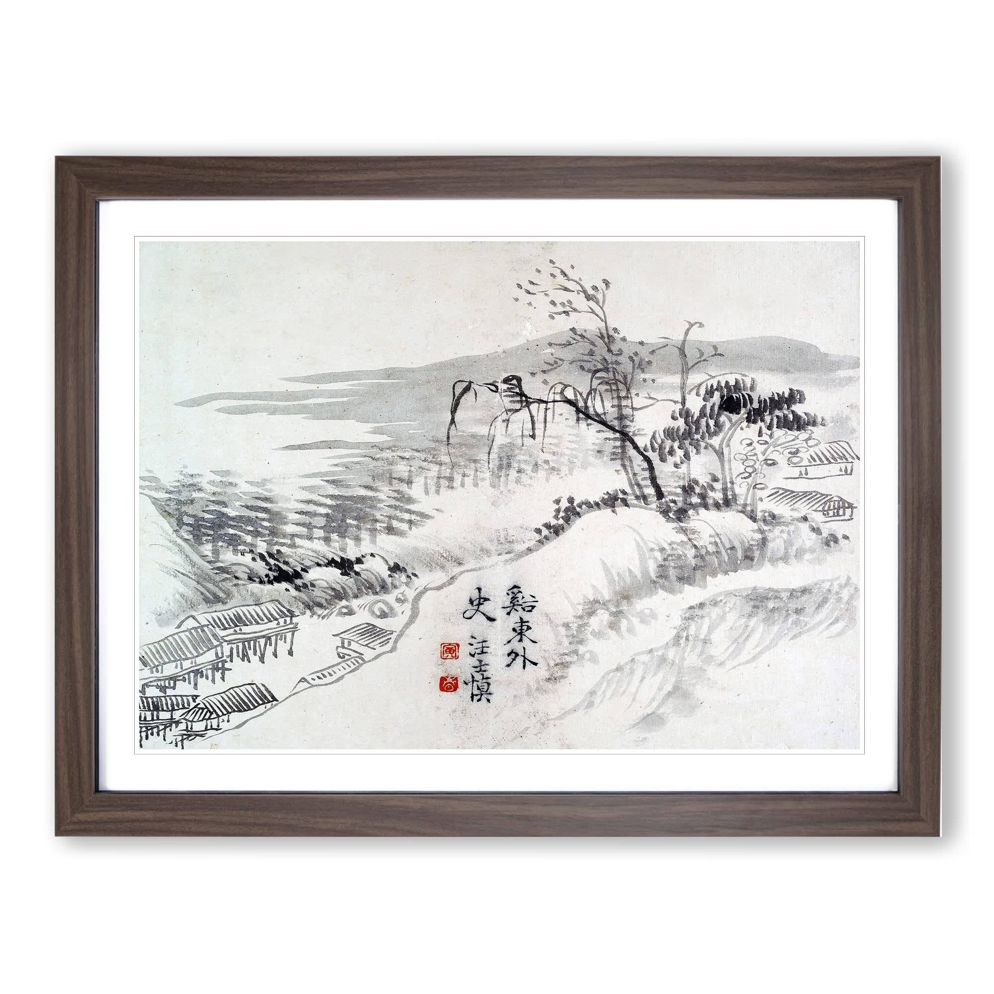 Landscape Vol.1 By Wang Shishen Asian Japanese Framed Wall Art Print, Ready to Hang Picture for Living Room Bedroom Home Office Décor, Walnut A3 (46 x 34 cm)