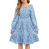 Haloumoning Girls Fall Long Sleeve Floral Dresses Kids Square Neck Smocked Holiday Party Dress 5-14 Years