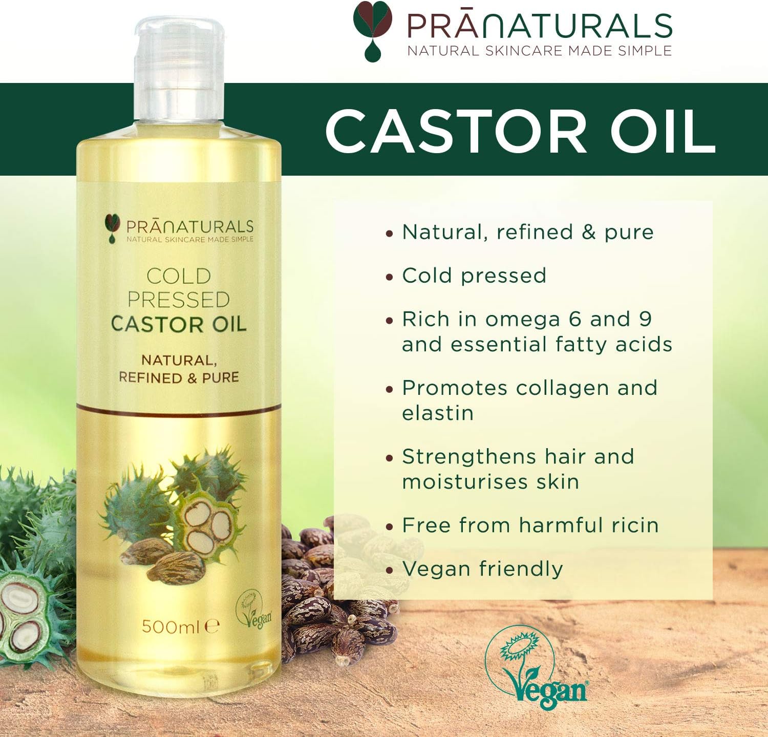 PraNaturals Cold Pressed Castor Oil 500ml, 100% Natural, Vegan & Pure, for Hair Eyebrows & Eyelash Growth, Softer Skin & Face - Image 3